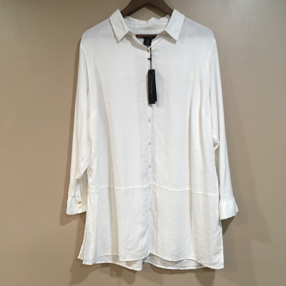 Tahari Linen Blend Roll Tab Sleeve Button Down Shirt Womens 1X White Coastal
